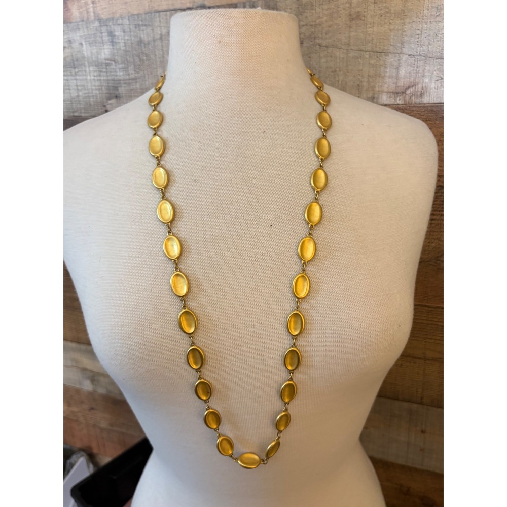 Vintage Gold Tone Satin Finish Oval Link Station Necklace 34 Inch Long